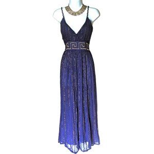 Grigoropoyloy Athenasia One Size Royal Blue and Gold Striped Greek Maxi Dress
